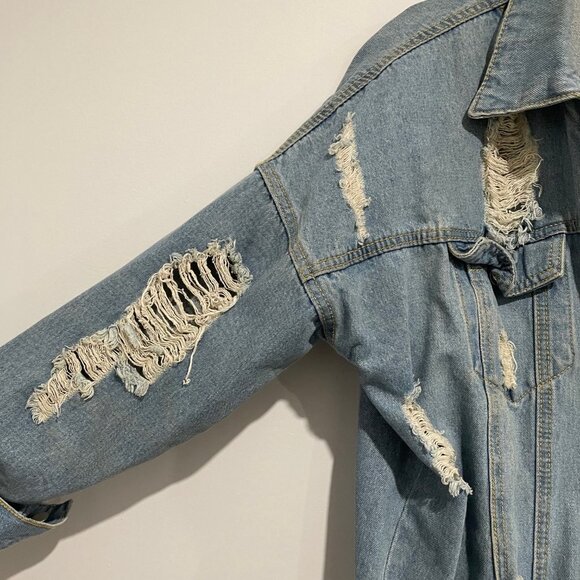 Forever 21 Light Blue Denim Ripped Long Jacket Size S - Picture 3 of 8